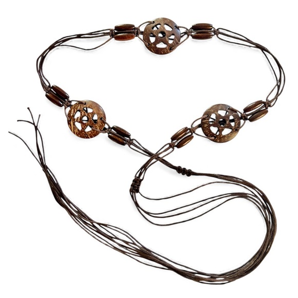 Bohemian Hippie 70’s Macrame Belt Brown Coconut Shell Wooden Beads - Picture 2 of 5